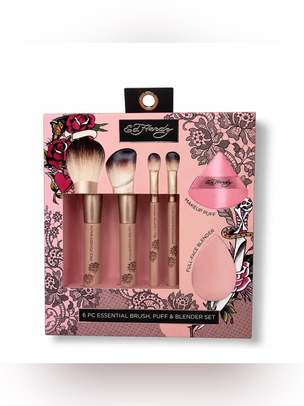 Ed Hardy Pink 6-Piece Makeup Brush, Puff & Blender Set